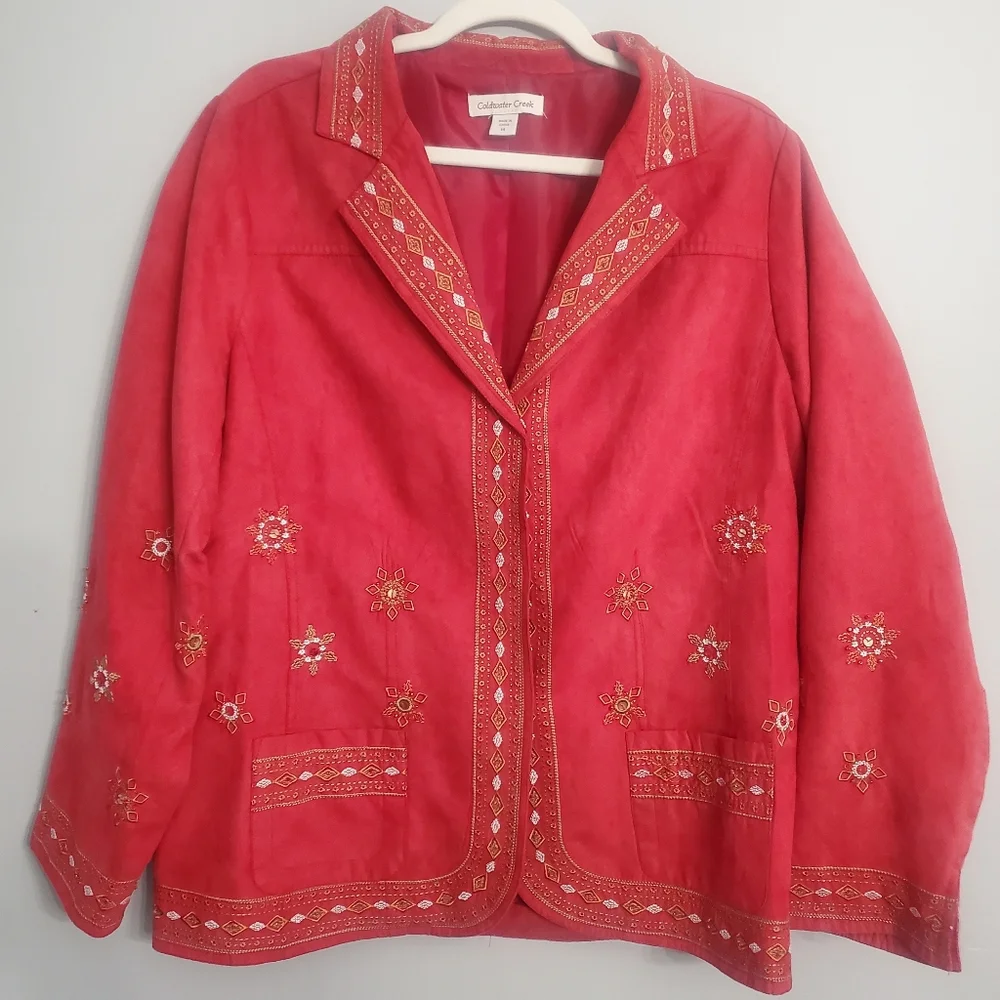 ColdWater Creek Red Faux Suede Embroidered Embellished Blazer Sz14 Chic Grandma - Picture 1 of 16